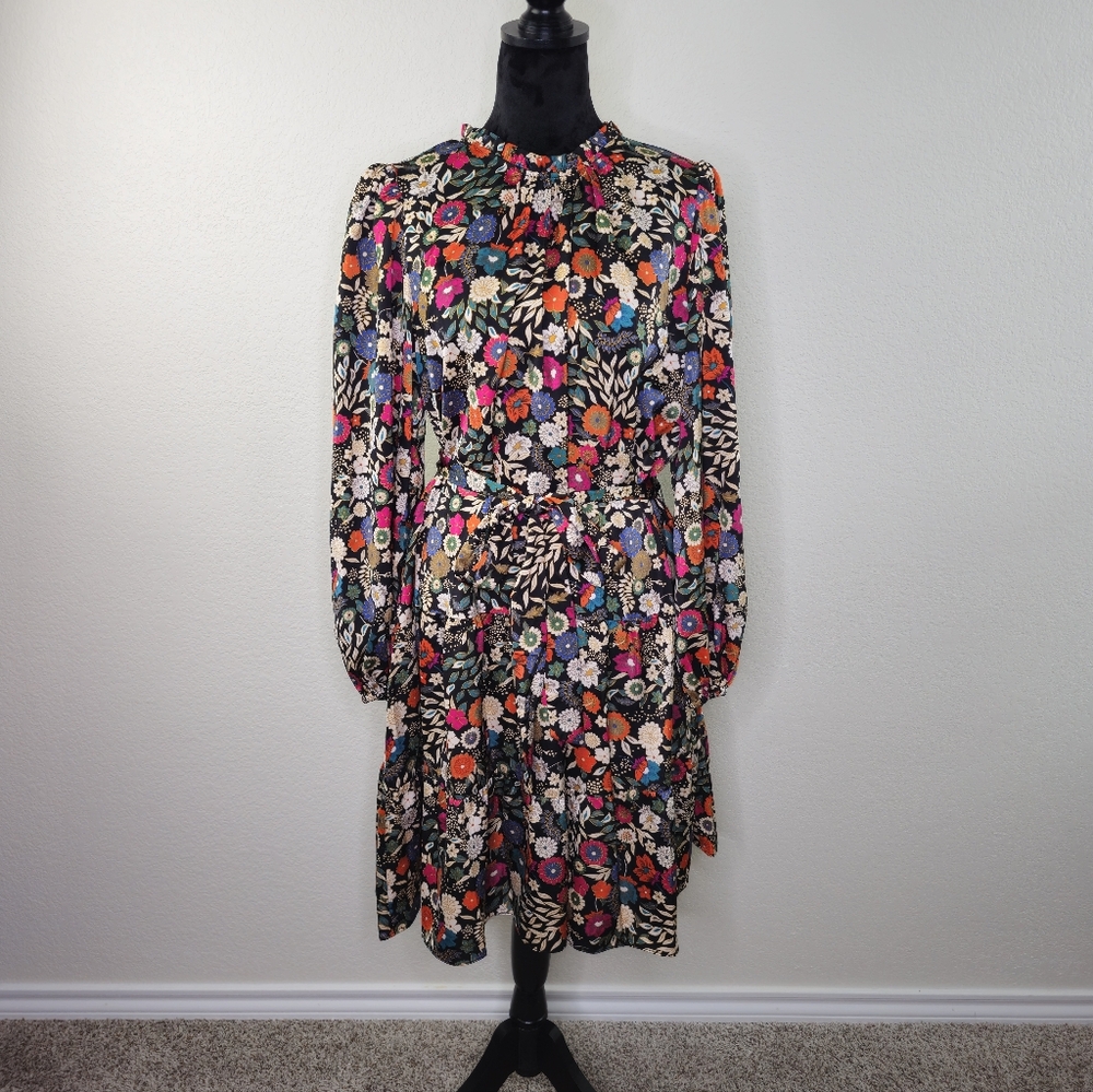 Maia Floral Drop Tie Waist Ruffle Black Long Sleeve Dress 14 - Picture 2 of 13
